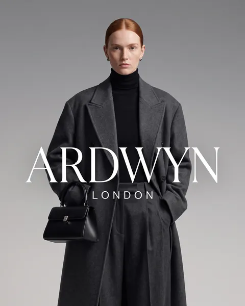 Ardwyn : femme rousse en long manteau gris anthracite, campagne Autumn/Winter 2026