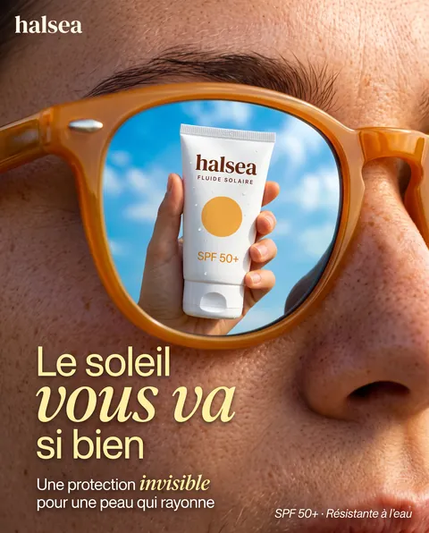 Halsea : tube de crème solaire SPF 50+ reflété dans des lunettes de soleil