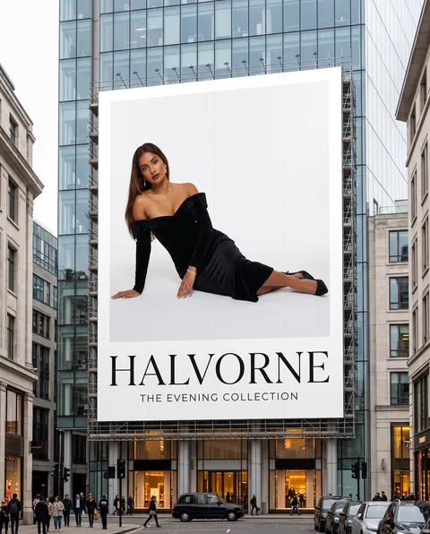 Halvorne : affiche géante sur un immeuble, femme en robe de velours noir, The Evening Collection