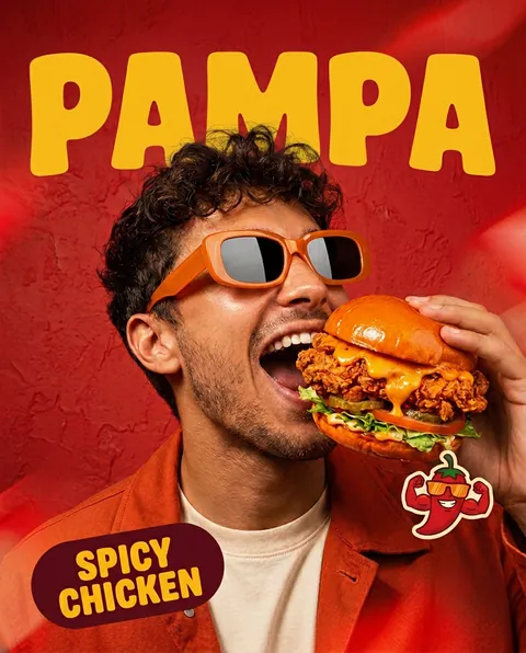 Pampa : homme à lunettes orange croquant un burger Spicy Chicken