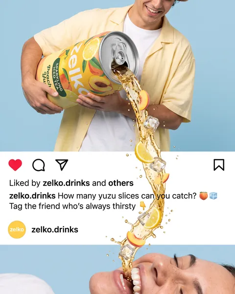 Zelko : thé glacé versé d’une canette géante à travers un post Instagram jusqu’à une bouche ouverte