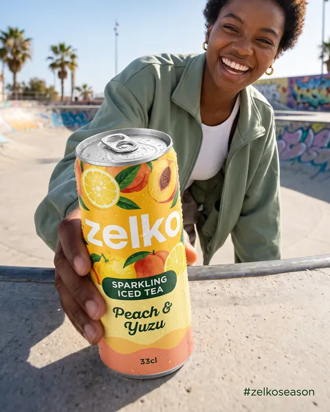 Zelko : femme dans un skatepark tendant une canette de thé glacé pêche-yuzu, Beat the heat